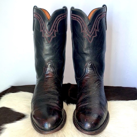 LUCCHESE Ostrich Leather Black Cherry Roper Cowboy Western Boots Men’s Size 9.5 - Picture 3 of 10